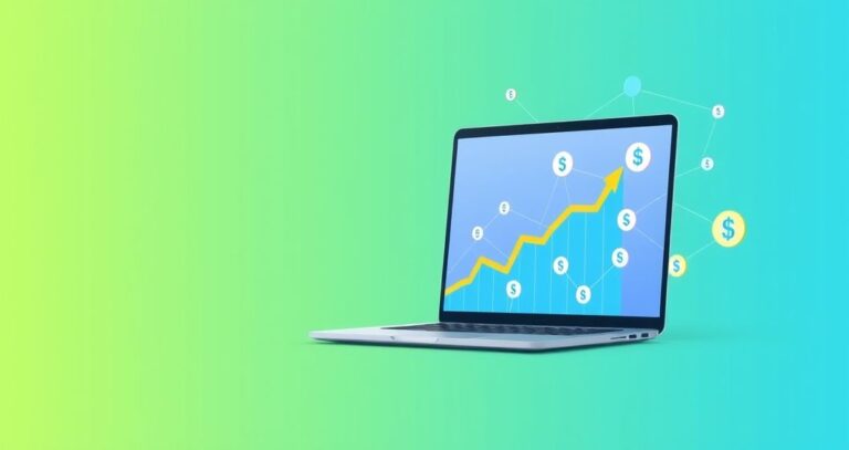 Affiliate marketing strategies illustration with laptop, growth charts, and passive income concept